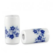 Abalorio de cerámica tubo 11x6mm - Blanco-azul Delfts